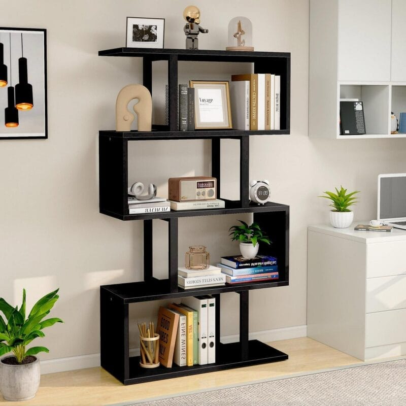 Dextrus 5-Tier S-Shaped Bookshelf, Geometric Bookcase Wooden Z-Shelf Storage Modern Open Shelving, Freestanding Display Bookshelf for Living Room Home Office, Black - Image 4