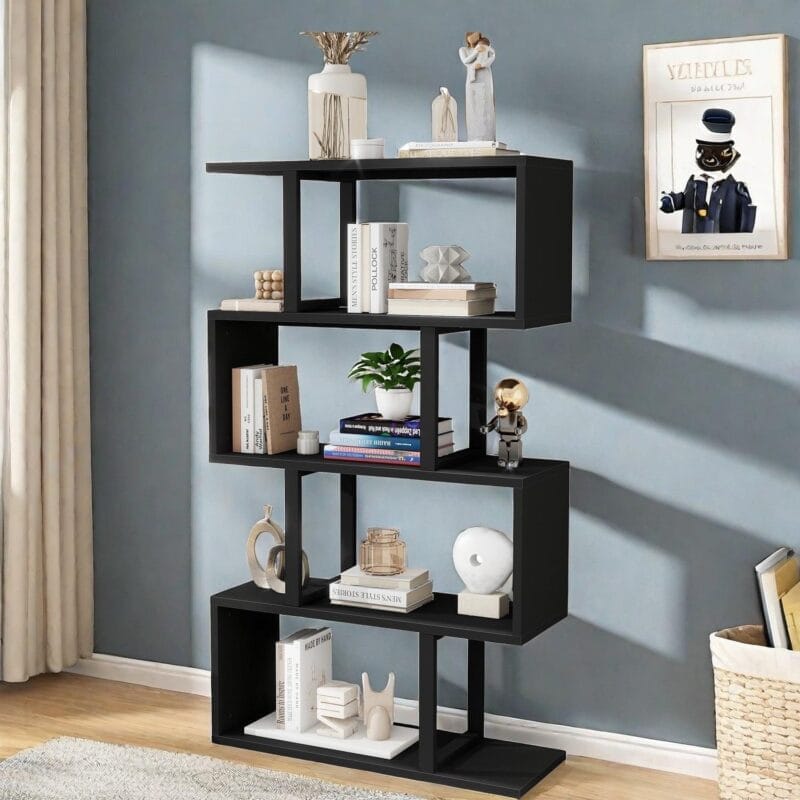Dextrus 5-Tier S-Shaped Bookshelf, Geometric Bookcase Wooden Z-Shelf Storage Modern Open Shelving, Freestanding Display Bookshelf for Living Room Home Office, Black