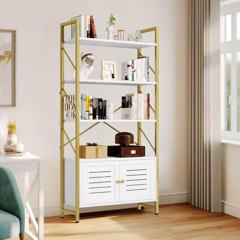 Dextrus 5 Tiers Bookshelf and Bookcase, Freestanding Book Shelves Display Rack with Storage Cabinet for Bedroom Living Room Office,White&Gold