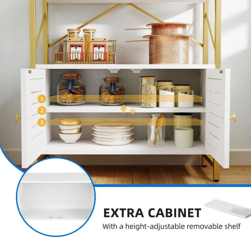 Dextrus 5 Tiers Bookshelf and Bookcase, Freestanding Book Shelves Display Rack with Storage Cabinet for Bedroom Living Room Office,White&Gold - Image 4