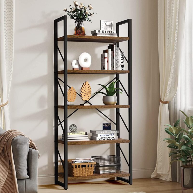 Dextrus 5 Tiers Ladder Bookshelf, 62 inch Classically Modern Bookshelf,Storage Rack Shelves in Living Room/Home/Office,Rustic Brown - Image 2
