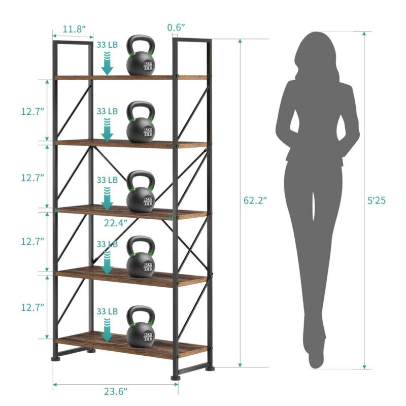 Dextrus 5 Tiers Ladder Bookshelf, 62 inch Classically Modern Bookshelf,Storage Rack Shelves in Living Room/Home/Office,Rustic Brown - Image 8