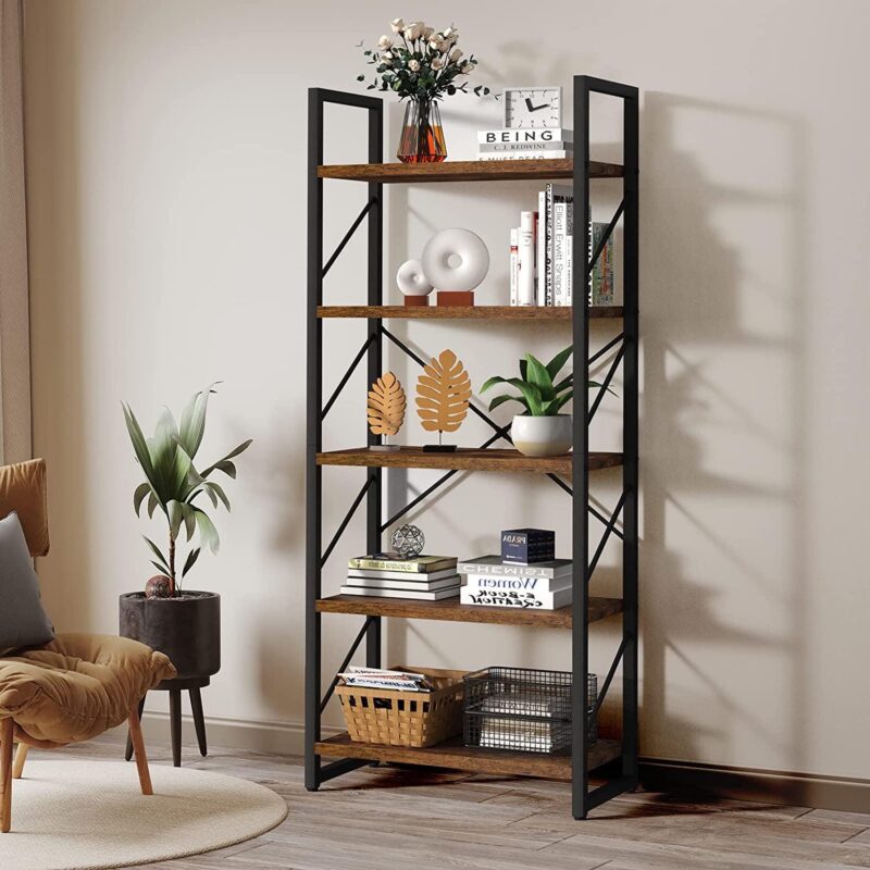 Dextrus 5 Tiers Ladder Bookshelf, 62 inch Classically Modern Bookshelf,Storage Rack Shelves in Living Room/Home/Office,Rustic Brown