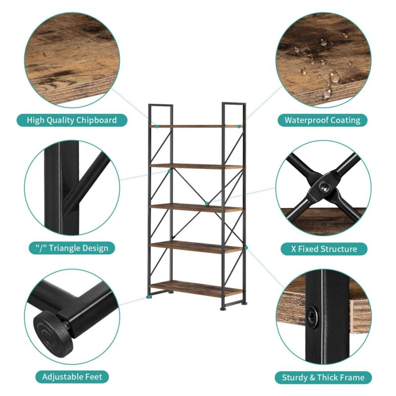 Dextrus 5 Tiers Ladder Bookshelf, 62 inch Classically Modern Bookshelf,Storage Rack Shelves in Living Room/Home/Office,Rustic Brown - Image 7