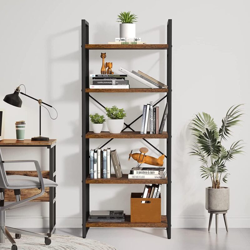 Dextrus 5 Tiers Ladder Bookshelf, 62 inch Classically Modern Bookshelf,Storage Rack Shelves in Living Room/Home/Office,Rustic Brown - Image 4