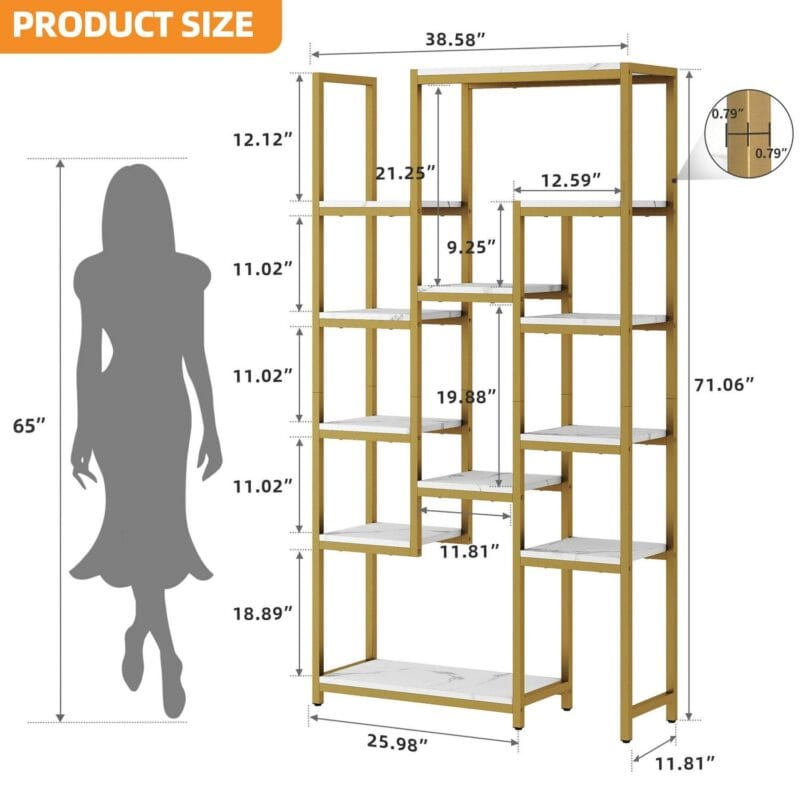 Dextrus 6 Tier Gold Bookshelf, 71a Tall Modern Free Standing Bookshelf with 12 Shelf Bookcase, Faux Marble Open Display Storage Book Shelves for Living Room Bedroom Office Home - Image 4
