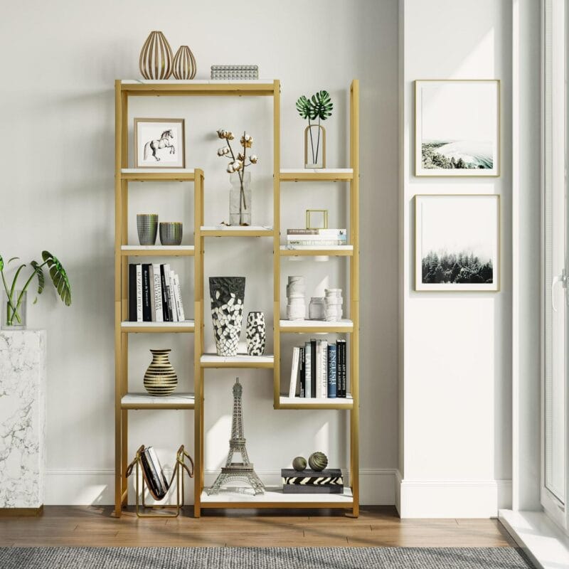 Dextrus 6 Tier Gold Bookshelf, 71a Tall Modern Free Standing Bookshelf with 12 Shelf Bookcase, Faux Marble Open Display Storage Book Shelves for Living Room Bedroom Office Home - Image 3