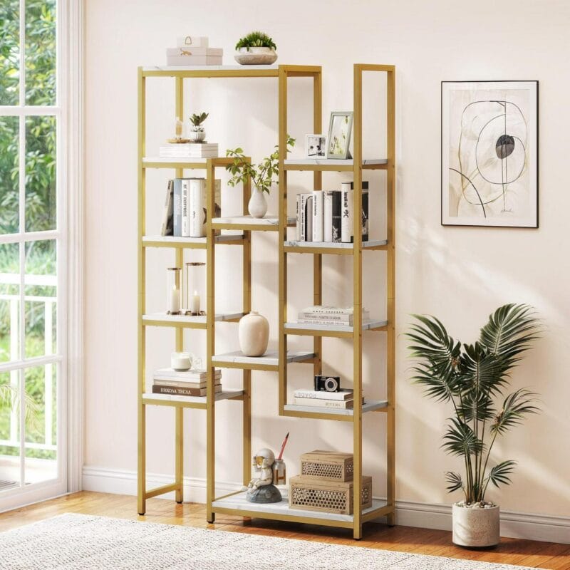 Dextrus 6 Tier Gold Bookshelf, 71a Tall Modern Free Standing Bookshelf with 12 Shelf Bookcase, Faux Marble Open Display Storage Book Shelves for Living Room Bedroom Office Home