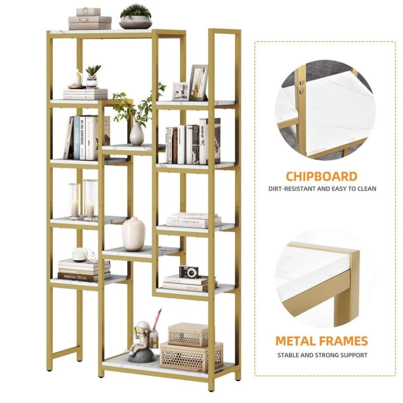 Dextrus 6 Tier Gold Bookshelf, 71a Tall Modern Free Standing Bookshelf with 12 Shelf Bookcase, Faux Marble Open Display Storage Book Shelves for Living Room Bedroom Office Home - Image 7
