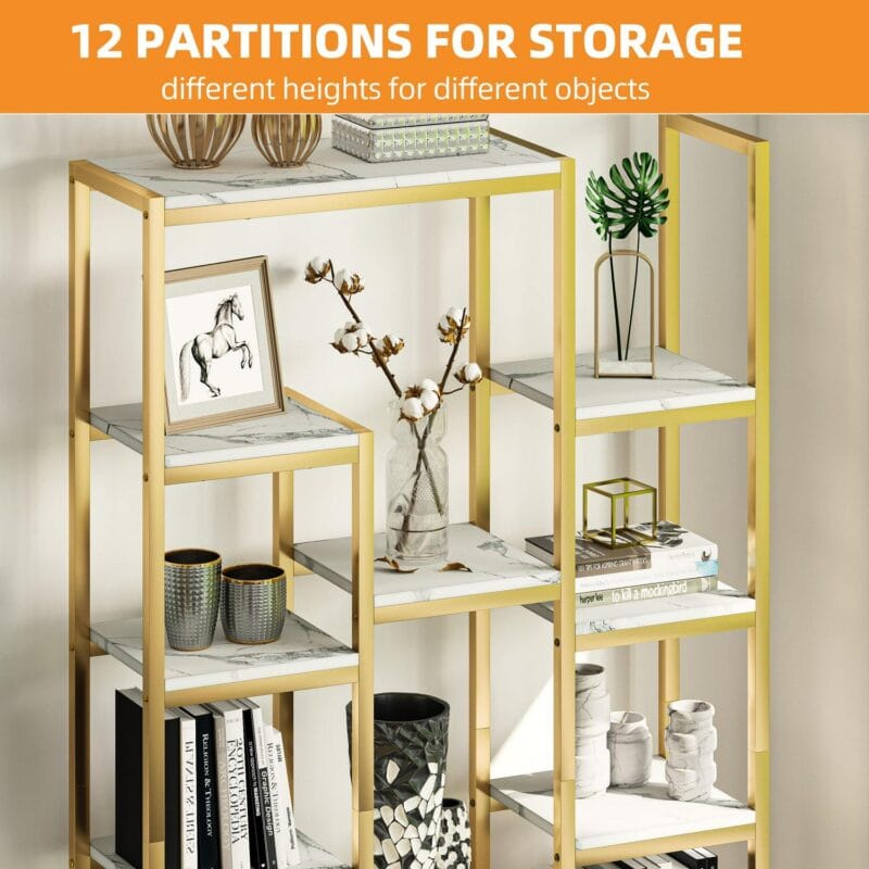 Dextrus 6 Tier Gold Bookshelf, 71a Tall Modern Free Standing Bookshelf with 12 Shelf Bookcase, Faux Marble Open Display Storage Book Shelves for Living Room Bedroom Office Home - Image 6