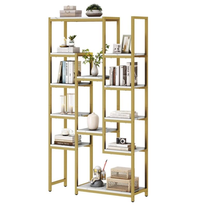 Dextrus 6 Tier Gold Bookshelf, 71a Tall Modern Free Standing Bookshelf with 12 Shelf Bookcase, Faux Marble Open Display Storage Book Shelves for Living Room Bedroom Office Home - Image 2