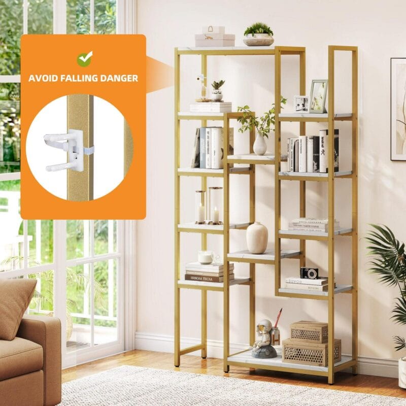 Dextrus 6 Tier Gold Bookshelf, 71a Tall Modern Free Standing Bookshelf with 12 Shelf Bookcase, Faux Marble Open Display Storage Book Shelves for Living Room Bedroom Office Home - Image 5