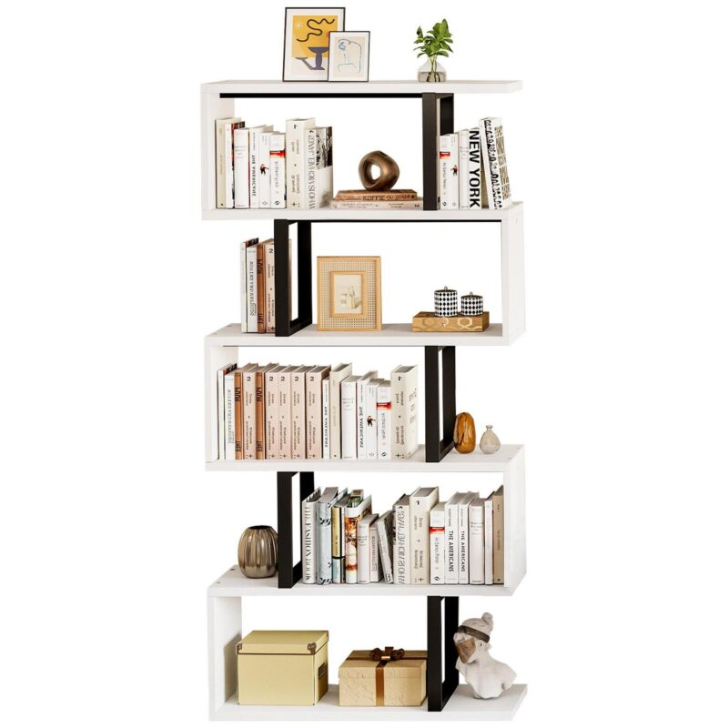 Dextrus 6-Tier S-Shaped Bookshelf , Geometric Tall Bookcase Wooden, Open Display Storage Rack Shelves Freestanding Z-Shelf Open Shelf for Living Room Home Office, White - Image 12
