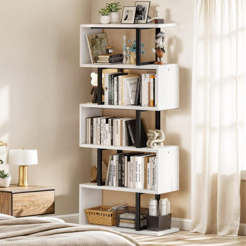 Dextrus 6-Tier S-Shaped Bookshelf , Geometric Tall Bookcase Wooden, Open Display Storage Rack Shelves Freestanding Z-Shelf Open Shelf for Living Room Home Office, White