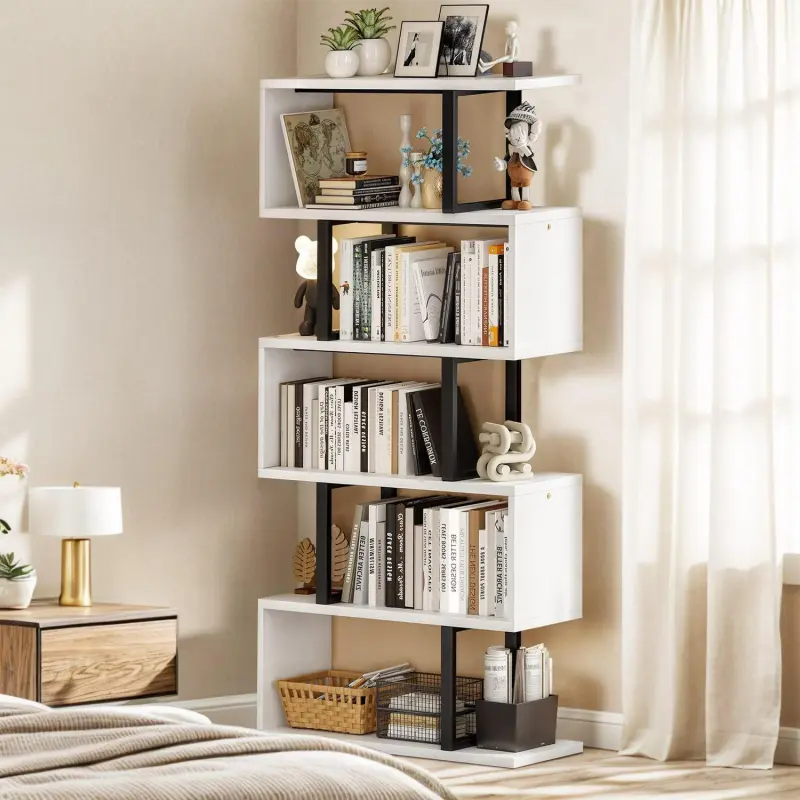 Dextrus 6-Tier S-Shaped Bookshelf , Geometric Tall Bookcase Wooden, Open Display Storage Rack Shelves Freestanding Z-Shelf Open Shelf for Living Room Home Office, White
