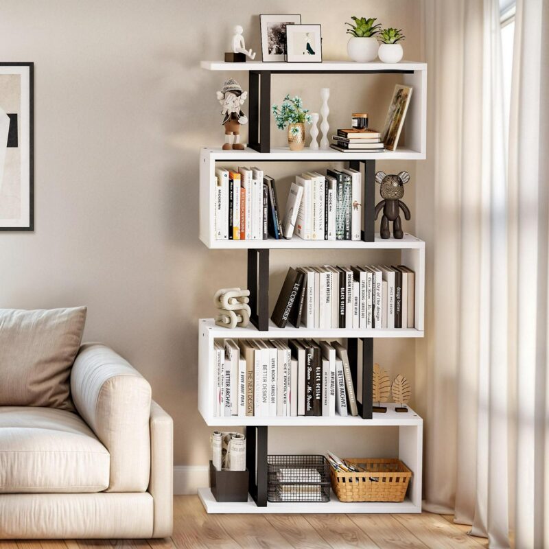 Dextrus 6-Tier S-Shaped Bookshelf , Geometric Tall Bookcase Wooden, Open Display Storage Rack Shelves Freestanding Z-Shelf Open Shelf for Living Room Home Office, White - Image 5