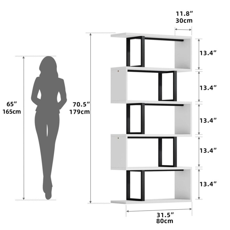 Dextrus 6-Tier S-Shaped Bookshelf , Geometric Tall Bookcase Wooden, Open Display Storage Rack Shelves Freestanding Z-Shelf Open Shelf for Living Room Home Office, White - Image 11