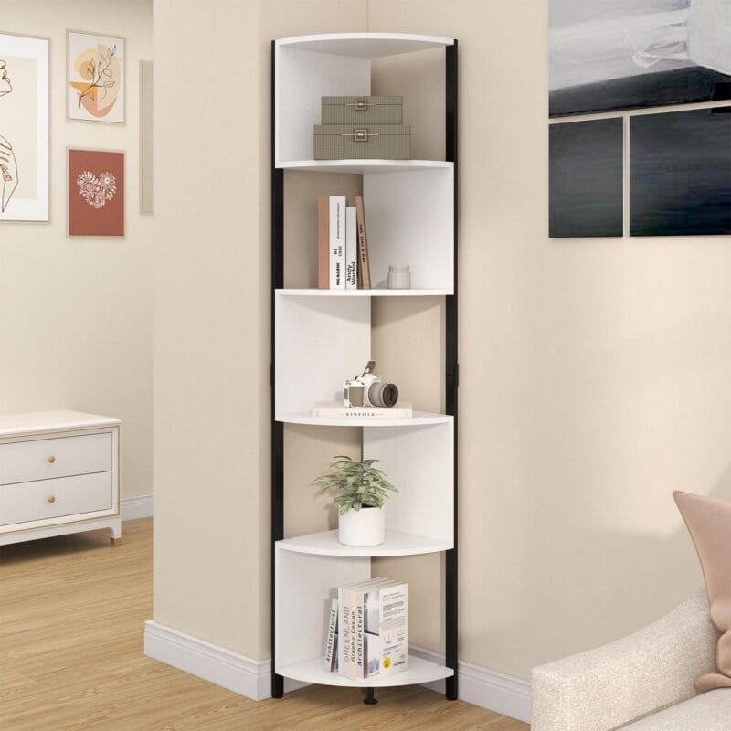 Dextrus 6-Tiers Corner Shelf, Narrow Open Shelf, Modern Corner Bookshelf and Bookcase, Corner Storage Rack Plant Stand for Home Office, White