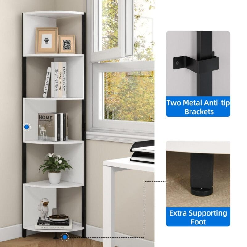 Dextrus 6-Tiers Corner Shelf, Narrow Open Shelf, Modern Corner Bookshelf and Bookcase, Corner Storage Rack Plant Stand for Home Office, White - Image 9