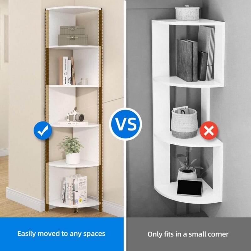 Dextrus 6-Tiers Corner Shelf, Narrow Open Shelf, Modern Corner Bookshelf and Bookcase, Corner Storage Rack Plant Stand for Home Office, White - Image 7