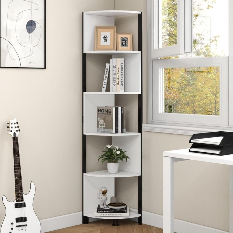 Dextrus 6-Tiers Corner Shelf, Narrow Open Shelf, Modern Corner Bookshelf and Bookcase, Corner Storage Rack Plant Stand for Home Office, White - Image 3