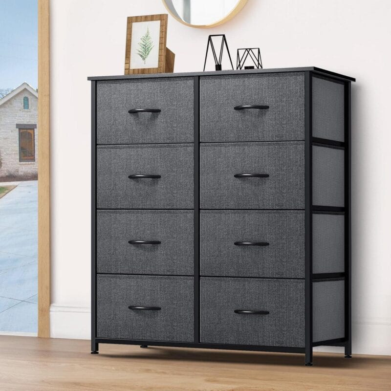 Dextrus 8 Drawer Dresser for Bedroom Fabric Dresser Chest of Closets Storage Units Organizer Tower Wooden Top Shelf, for Bedroom, Hallway, Entryway, Closet(Black Grey)