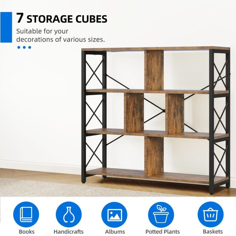 Dextrus Bookcases and Bookshelves with 7 Open Storage Shelves, Free Standing Bookshelf with Metal Frame for Living Room Bedroom Home Office, Brown - Image 3