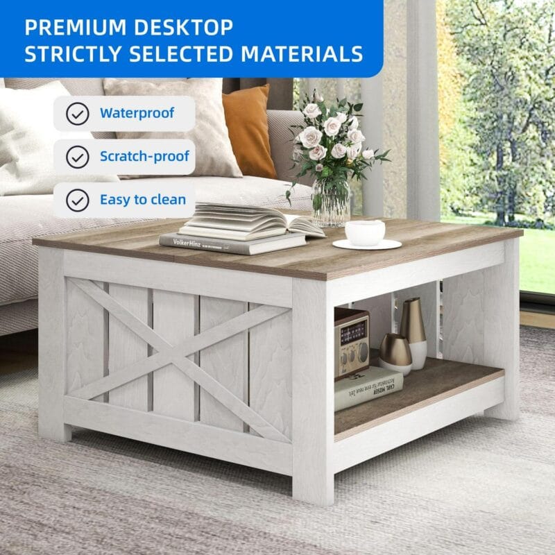 Dextrus Coffee Table with Storage, Square Wood Farmhouse Coffee Table with Barn Door for Living Room, Grey Wash - Image 4