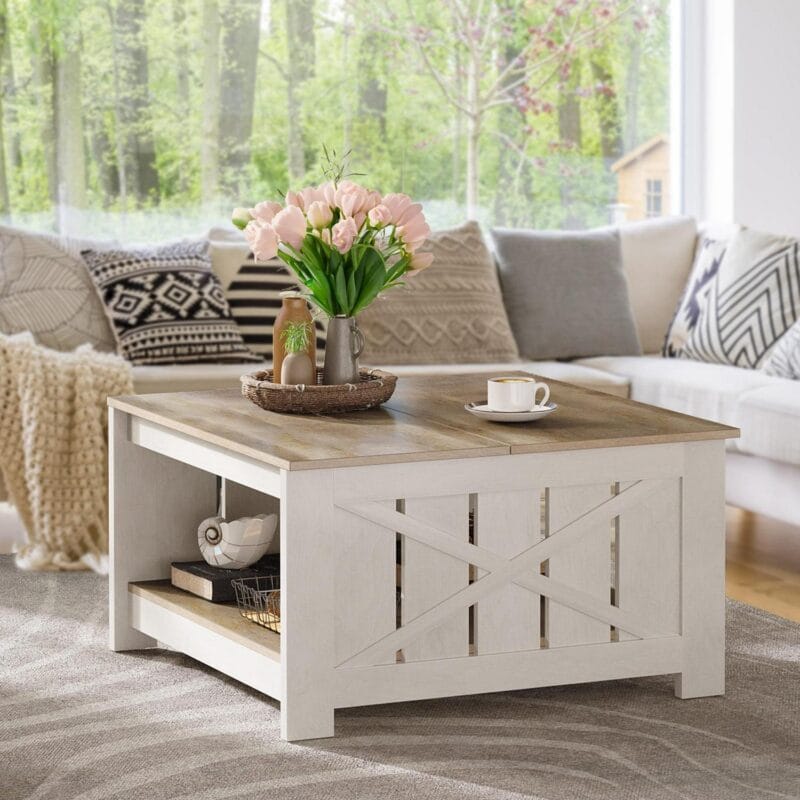 Dextrus Coffee Table with Storage, Square Wood Farmhouse Coffee Table with Barn Door for Living Room, Grey Wash - Image 3