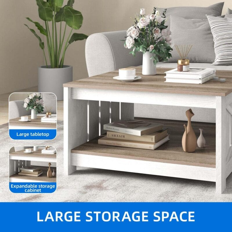Dextrus Coffee Table with Storage, Square Wood Farmhouse Coffee Table with Barn Door for Living Room, Grey Wash - Image 5