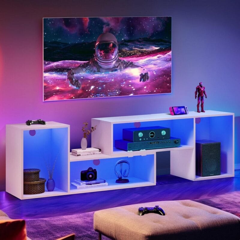 Dextrus DIY Deformable TV Stand with LED Strip, Modern Entertainment Center, 2 PCS Media Console Cabinet for 45 - 70 inch TVs, White - Image 3
