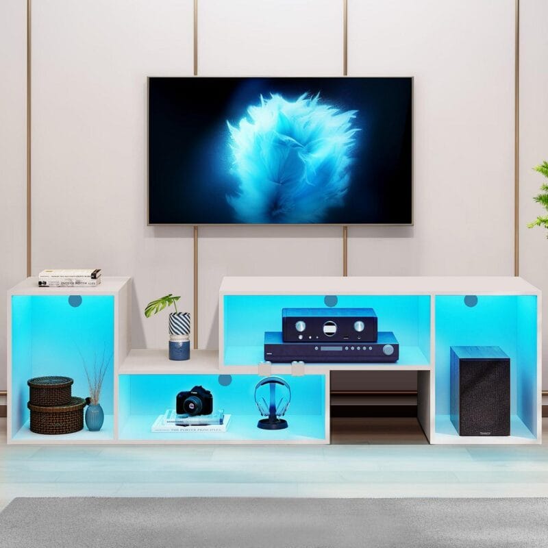 Dextrus DIY Deformable TV Stand with LED Strip, Modern Entertainment Center, 2 PCS Media Console Cabinet for 45 - 70 inch TVs, White - Image 2