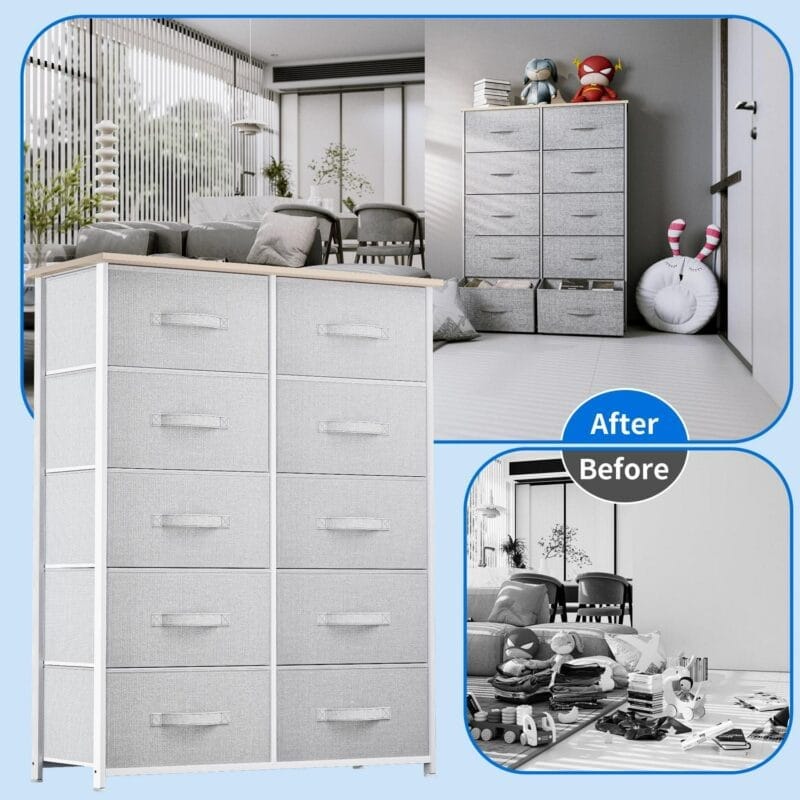 Dextrus Dressers with 10 Drawers - Fabric Storage Tower, Organizer Unit for Bedroom, Living Room, Hallway, Cool Gray - Image 5