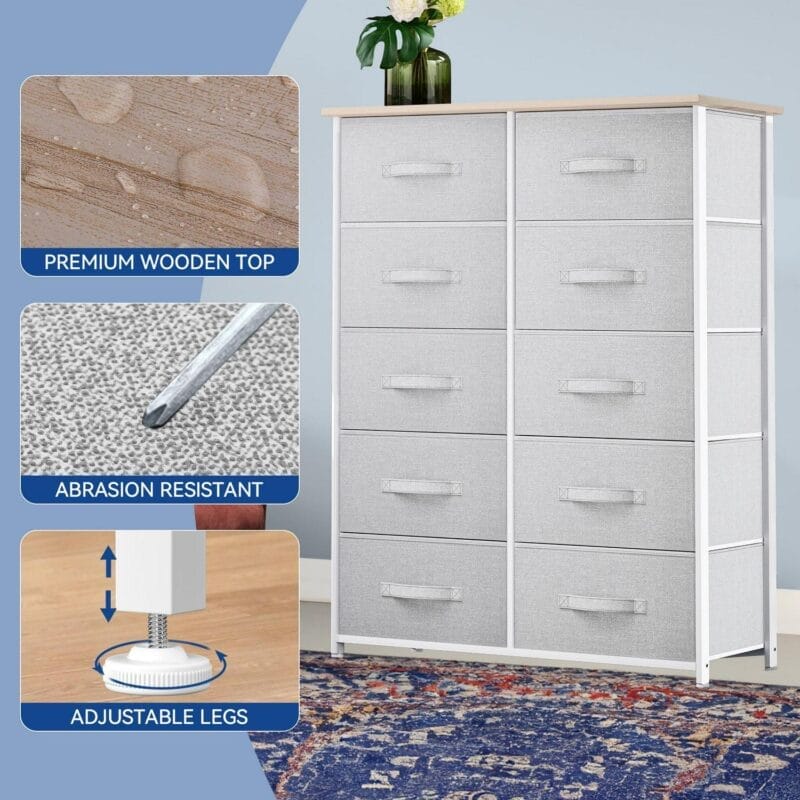 Dextrus Dressers with 10 Drawers - Fabric Storage Tower, Organizer Unit for Bedroom, Living Room, Hallway, Cool Gray - Image 7