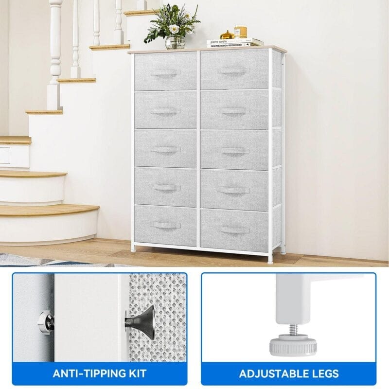 Dextrus Dressers with 10 Drawers - Fabric Storage Tower, Organizer Unit for Bedroom, Living Room, Hallway, Cool Gray - Image 3