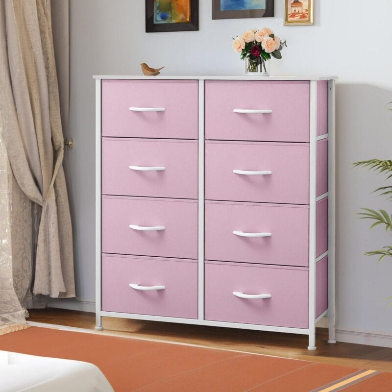 Dextrus Fabric Dresser for Bedroom, Tall Storage Dresser with 8 Drawers, Black Dresser and Chest of Drawers, Storage Drawer Organizer for Closet, Bedroom, Living Room(Pink)