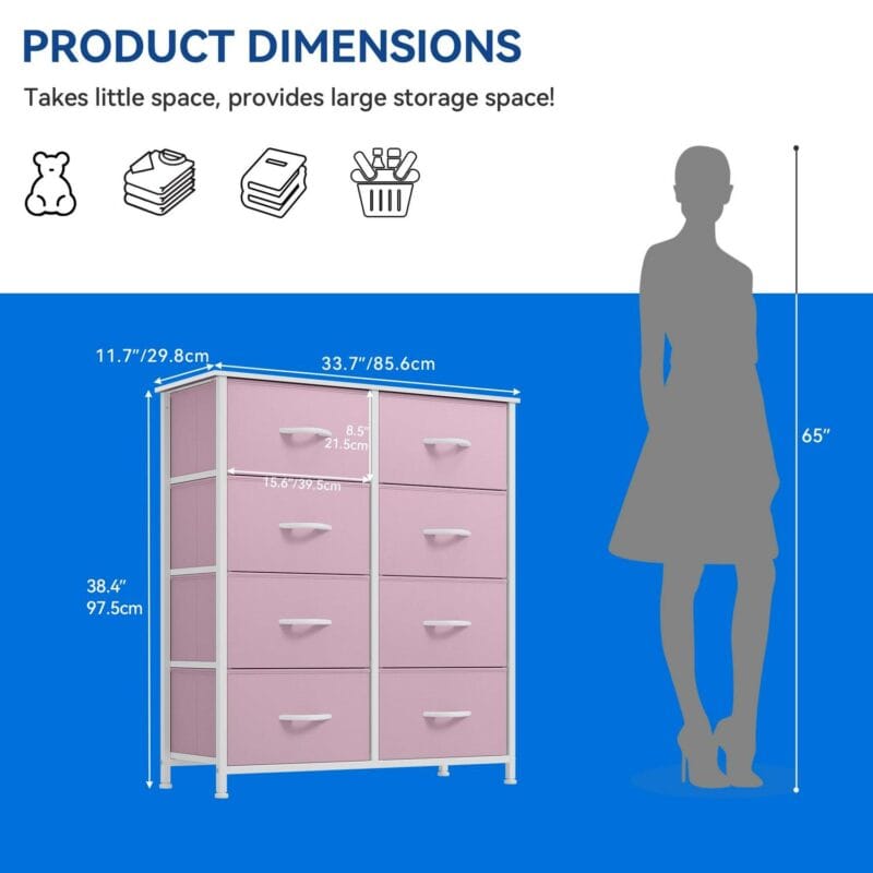 Dextrus Fabric Dresser for Bedroom, Tall Storage Dresser with 8 Drawers, Black Dresser and Chest of Drawers, Storage Drawer Organizer for Closet, Bedroom, Living Room(Pink) - Image 4