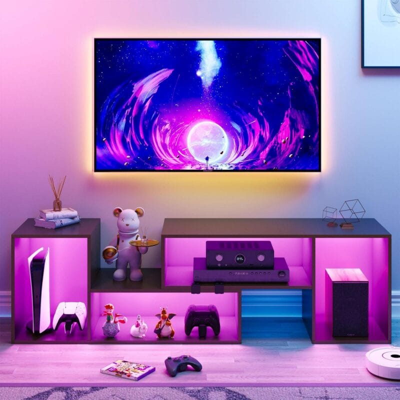 Dextrus Gaming Entertainment Center for PS5, Large LED TV stand for 75 inch TVs, Deformable Media Console Cabinet, Black
