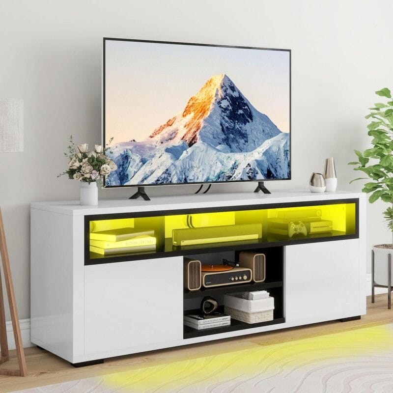 Dextrus High Gloss TV Stand with LED Ambient Lights, Modern TV Stand with Open Shelf Storage Cabinet for 62 inch TV, White