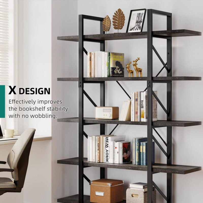 Dextrus Industrial 5 Shelf Bookcase, Modern Free Standing Bookshelf Storage Organizer with Metal Frame, Book Shelves for Living Room Bedroom Balcony Home Office, Gray Wash - Image 10