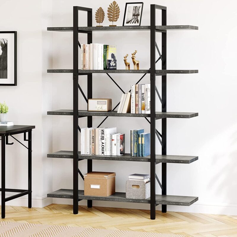 Dextrus Industrial 5 Shelf Bookcase, Modern Free Standing Bookshelf Storage Organizer with Metal Frame, Book Shelves for Living Room Bedroom Balcony Home Office, Gray Wash