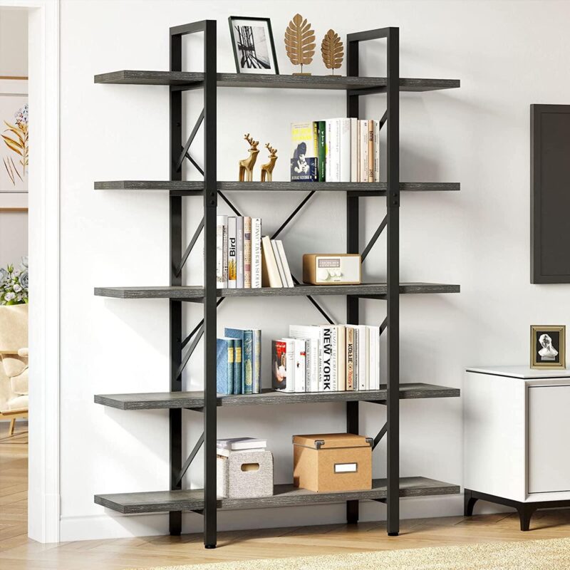 Dextrus Industrial 5 Shelf Bookcase, Modern Free Standing Bookshelf Storage Organizer with Metal Frame, Book Shelves for Living Room Bedroom Balcony Home Office, Gray Wash - Image 2