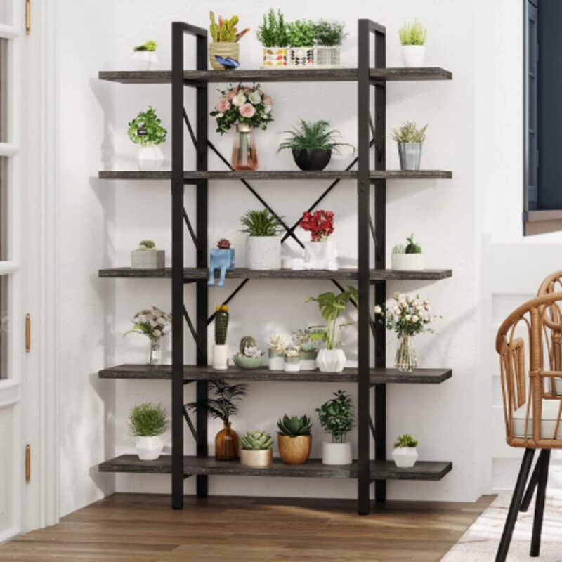 Dextrus Industrial 5 Shelf Bookcase, Modern Free Standing Bookshelf Storage Organizer with Metal Frame, Book Shelves for Living Room Bedroom Balcony Home Office, Gray Wash - Image 5