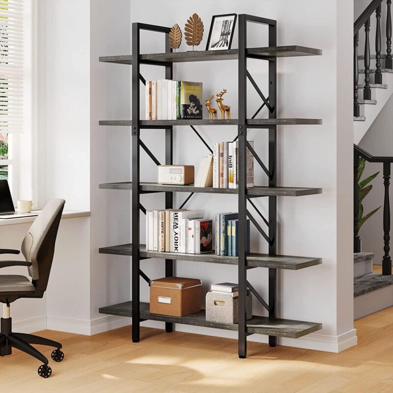 Dextrus Industrial 5 Shelf Bookcase, Modern Free Standing Bookshelf Storage Organizer with Metal Frame, Book Shelves for Living Room Bedroom Balcony Home Office, Gray Wash - Image 7