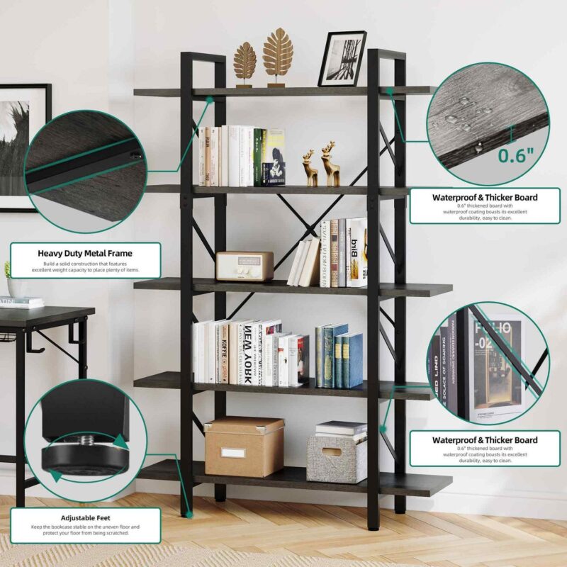Dextrus Industrial 5 Shelf Bookcase, Modern Free Standing Bookshelf Storage Organizer with Metal Frame, Book Shelves for Living Room Bedroom Balcony Home Office, Gray Wash - Image 8