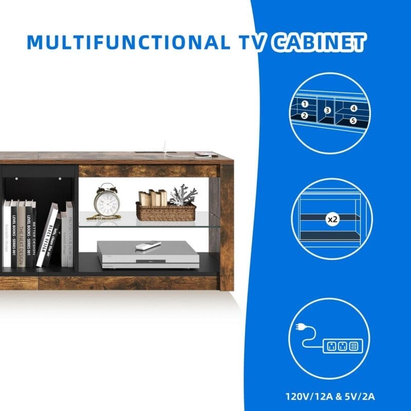 Dextrus TV Stand with LED Ambient Lights, Modern TV Stand with Open Shelf Storage Cabinet for 62 inch TV, Brown - Image 5
