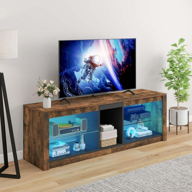Dextrus TV Stand with LED Ambient Lights, Modern TV Stand with Open Shelf Storage Cabinet for 62 inch TV, Brown - Image 3