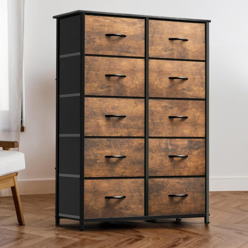 Dextrus Tall 10 Drawer, Fabric Storage Tower-Organizer Unit for Bedroom, Living Room, Hallway, Closets and Nursery Dresser, Rustic Brown