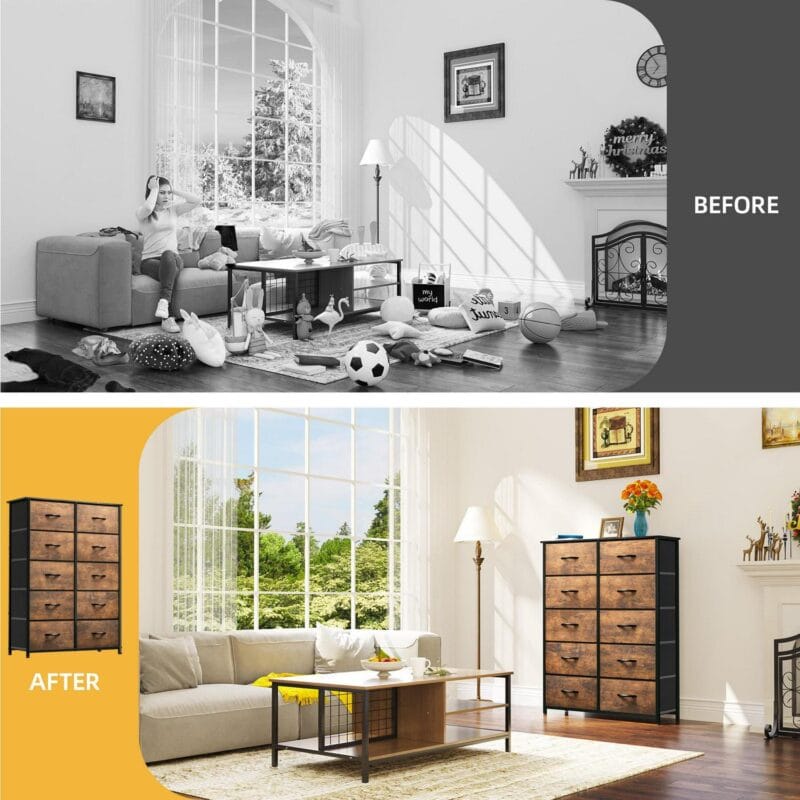 Dextrus Tall 10 Drawer, Fabric Storage Tower-Organizer Unit for Bedroom, Living Room, Hallway, Closets and Nursery Dresser, Rustic Brown - Image 2
