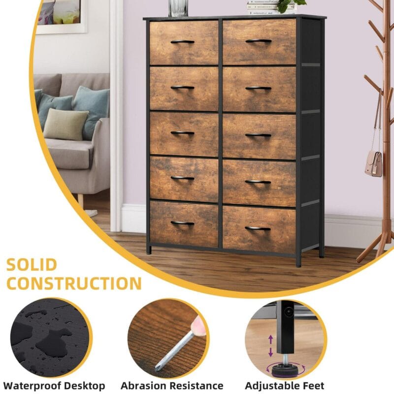 Dextrus Tall 10 Drawer, Fabric Storage Tower-Organizer Unit for Bedroom, Living Room, Hallway, Closets and Nursery Dresser, Rustic Brown - Image 4